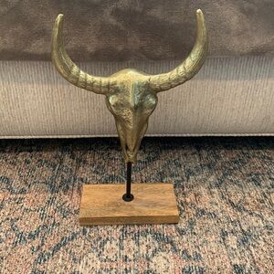 Cast Brass Metal Art Sculpture Bull Steer Skull Western Horn on  Wood Base